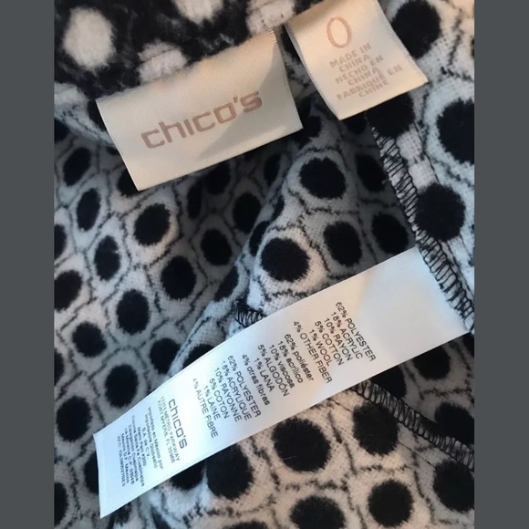 CHICO’S Polka Dot Plush Jacket Coat Black White Open Front Pockets Classic Soft - Picture 7 of 9